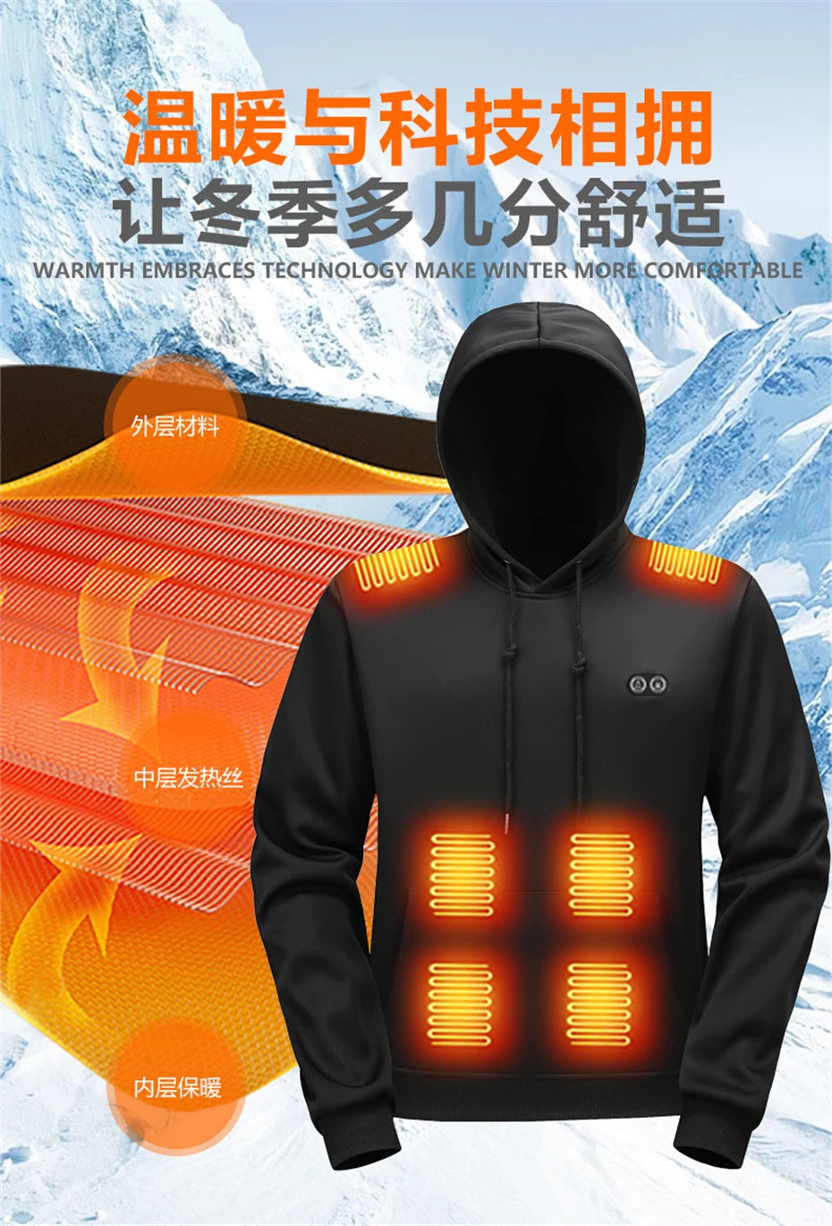 USB Heating Hoodie Men Hooded Heating Knitted Sweatshirt 17 Zones Electric Heated Hoodies Autumn Winter Warm Hoodies Male