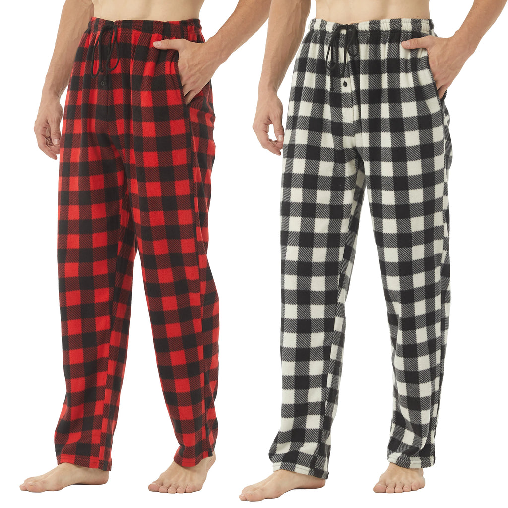 2 Pack Men's Pajama Pants Fleece Pajama Bottoms Pj Plaid Pants with Pockets Soft Warm Lounge Sleep Pants Sleepwear Loungewear