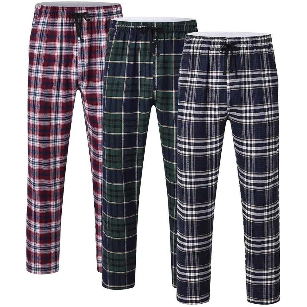 3Pcs Men's Plaid Pajama Sleeping Pants, Plaid Print Long Pajama Pants Sleepwear Set with Elastic Waist for Homewear