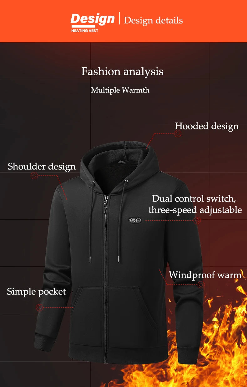 Winter Hoodie Jacket That Will Heat Windproof 17 Zones Electric Heated Hoodies Jackets Male Zipper Hoodie Winter Warm Sweatshirt