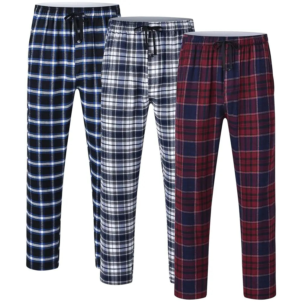 3Pcs Men's Plaid Pajama Sleeping Pants, Plaid Print Long Pajama Pants Sleepwear Set with Elastic Waist for Homewear