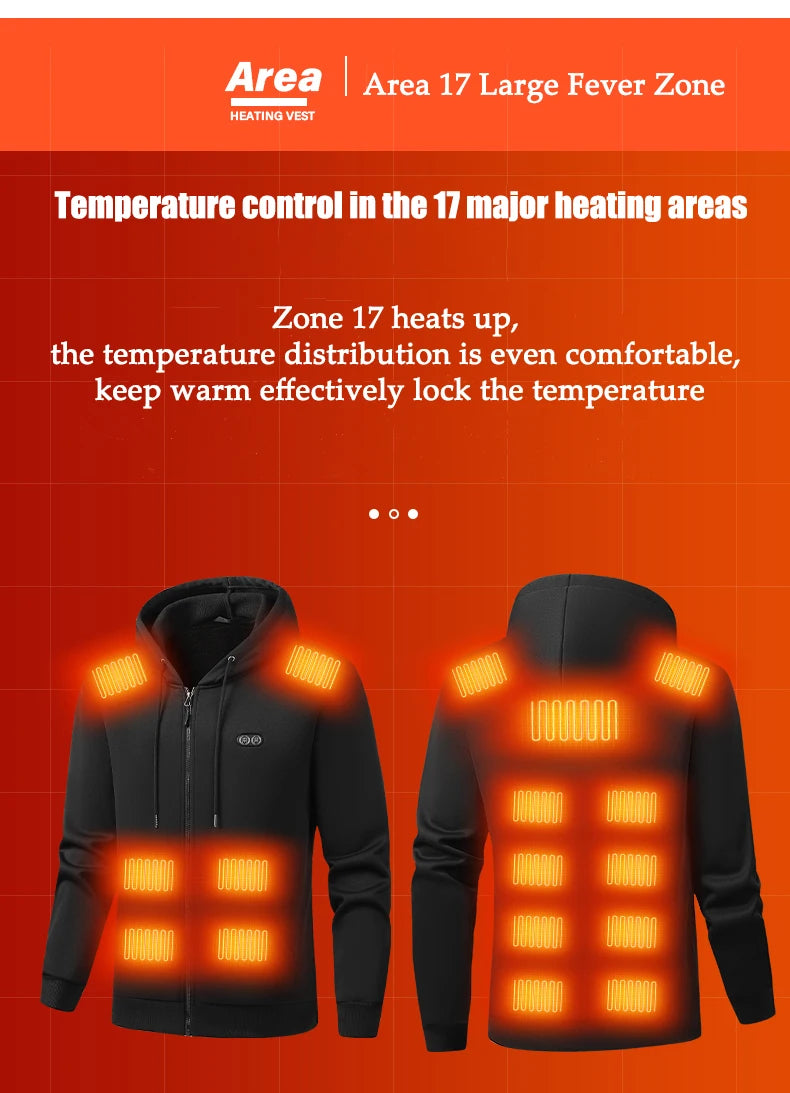 Winter Hoodie Jacket That Will Heat Windproof 17 Zones Electric Heated Hoodies Jackets Male Zipper Hoodie Winter Warm Sweatshirt