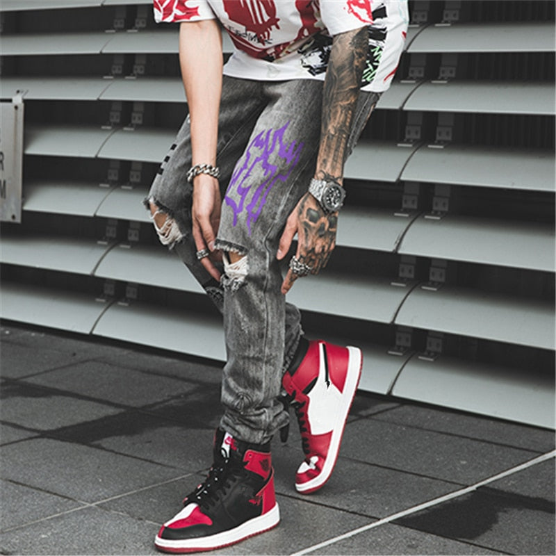Hip Hop Men Jogger Denim Pants Skinny Washed Distressed Jeans Graffiti Print Streetwear Destroyed Ripped Jeans