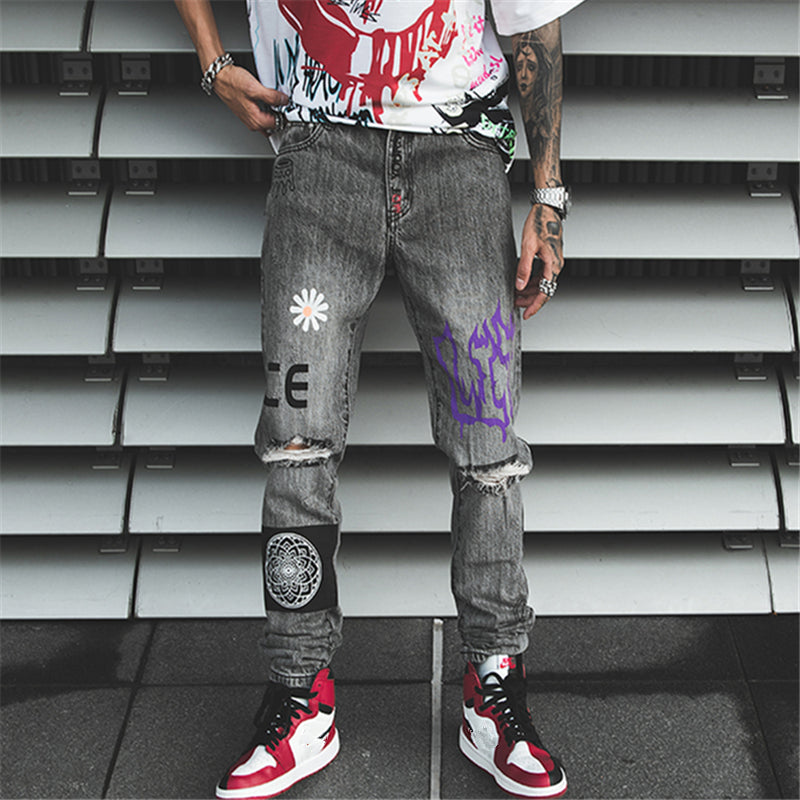 Hip Hop Men Jogger Denim Pants Skinny Washed Distressed Jeans Graffiti Print Streetwear Destroyed Ripped Jeans
