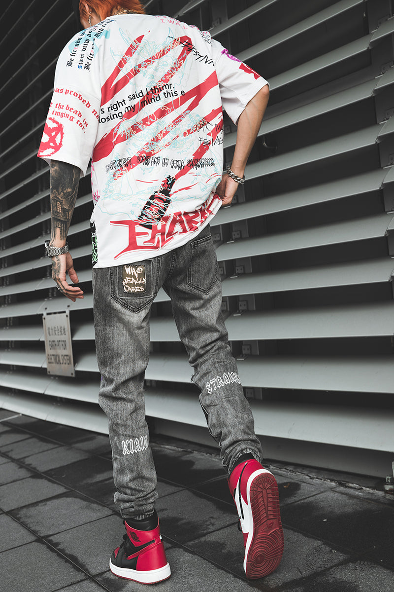 Hip Hop Men Jogger Denim Pants Skinny Washed Distressed Jeans Graffiti Print Streetwear Destroyed Ripped Jeans