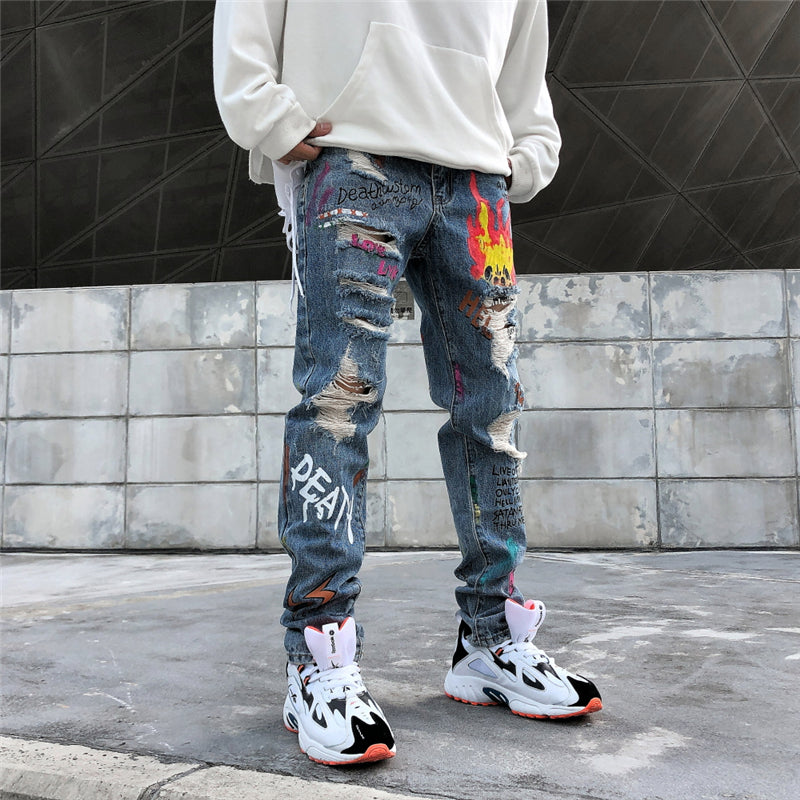 Hip Hop Streetwear Ripped Slim Fit Jeans Skinny Jeans Japan Graffiti Flame Skeleton Print Men Jogger Denim Pants